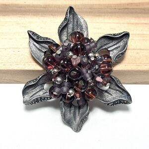 Vintage Coldwater Creek Pewter Flower Brooch Pin Purple Beads Large Silver Tone